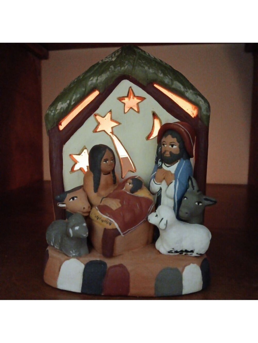 Peruvian Redware Terracotta Folk Art Christmas Nativity Scene Tea Light Holder